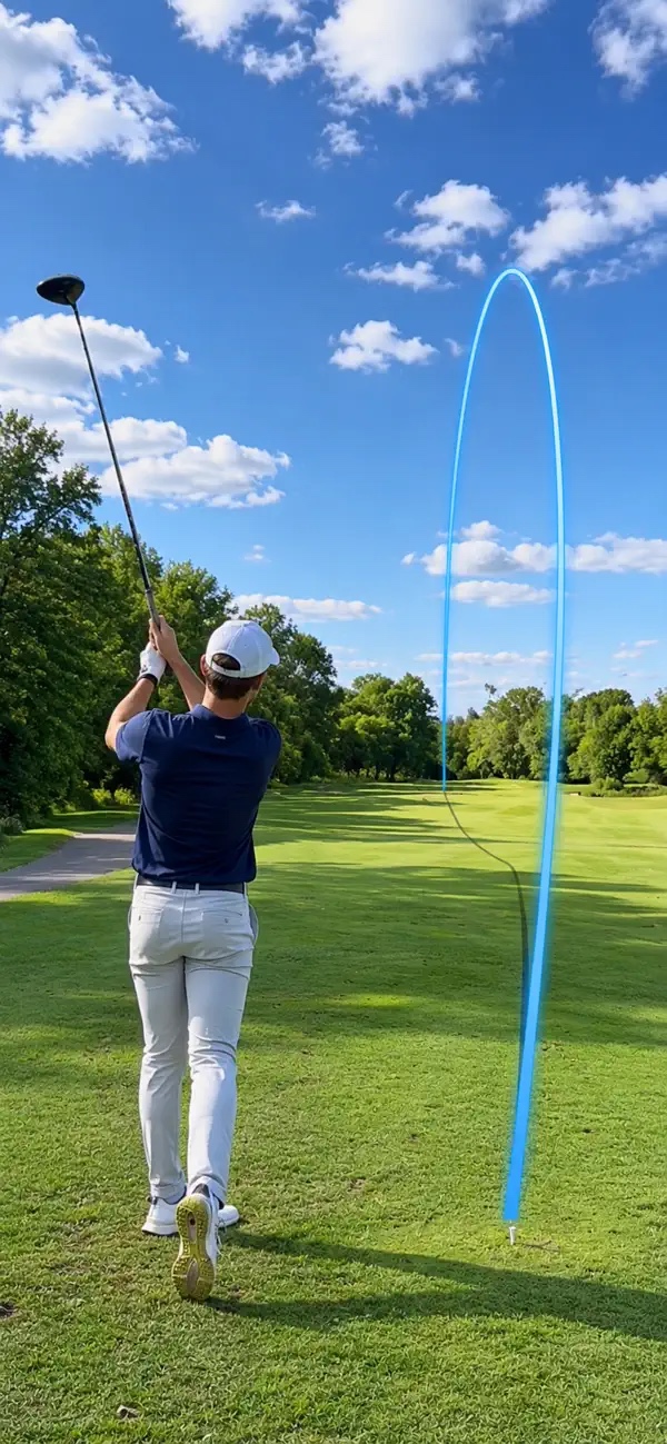 A golfer’s drive with a bright blue tracer following the ball’s flight