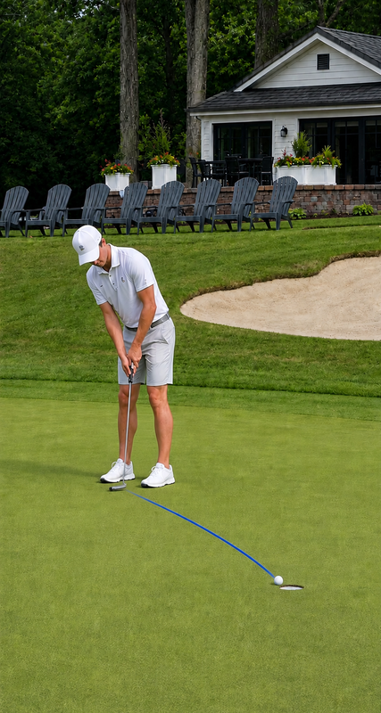 A blue putt tracer follows the ball into the hole